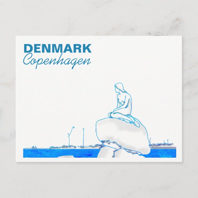 Köpenhamn Lilla Havsfrun Teckning Blå Vykort (Framsida)