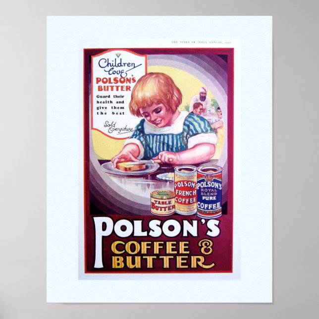 Kopia 1930 Gammalt ad - Indien: Polsons kaffe och  Poster (Framsidan)