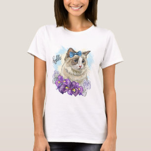 Kopia av Hand teckning lustig Cute-katt med blommo T Shirt