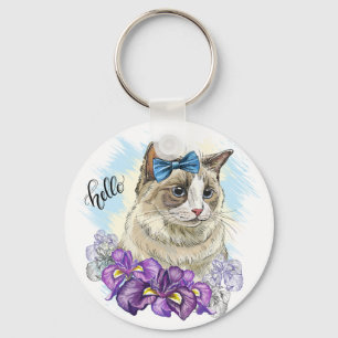 Kopia av Handritad rolig Söt katt med blommor Nyckelring