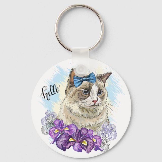 Kopia av Handritad rolig Söt katt med blommor Nyckelring (Framsida)