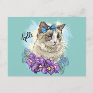 Kopia av Handritad rolig Söt katt med blommor Vykort