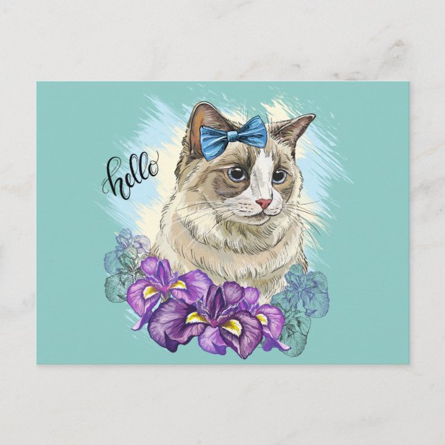 Kopia av Handritad rolig Söt katt med blommor Vykort (Framsida)