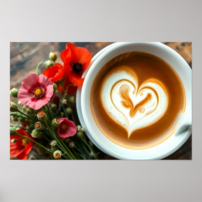 Kopp av Hett kaffe med hjärtformad latte-konst Poster (Framsidan)