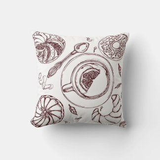 Kopp av te, ett konditorivaror, sax, vintage, hand kudde