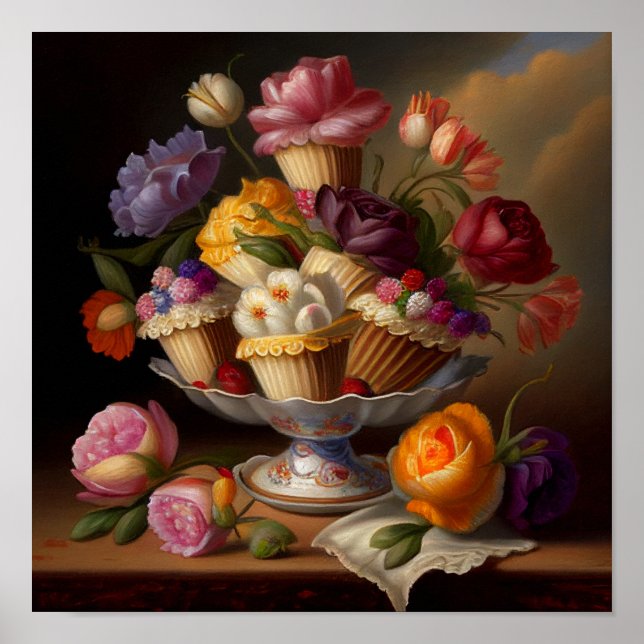 Kopp Cakes and Flowers Fortfarande konst Poster (Framsidan)