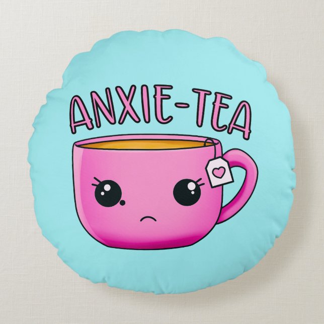 Kopp i ANXIE-TEA Kawaii Tea Lekande ängslan Rund Kudde (Framsidan)