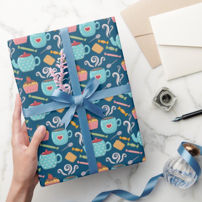 Kopp i Coffee Tea Biscuit Cuptårta Tekanna Blue Presentpapper (Gifting)