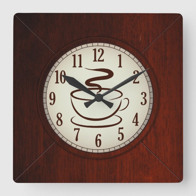 Kopp i Coffee Wood Wall Clock Fyrkantig Klocka (Framsida)