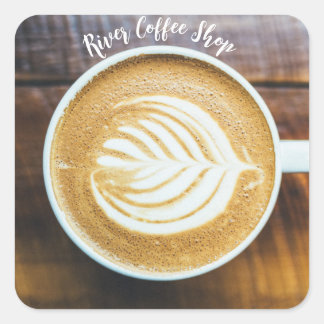 Kopp i kaffet Latte Löv-Shape Foam på Wood Namn Fyrkantigt Klistermärke