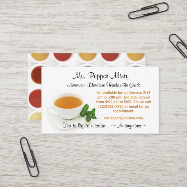 Kopp i Tea Liquid Wisdom Teacher Info Visitkort (Fram/Back In Situ)