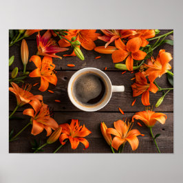 Kopp kaffe omgiven av livfulla orange blommor poster