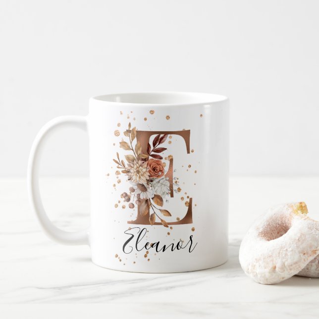 Koppar Blommigt Brev E Monogram kaffe Mugg (Med munk)