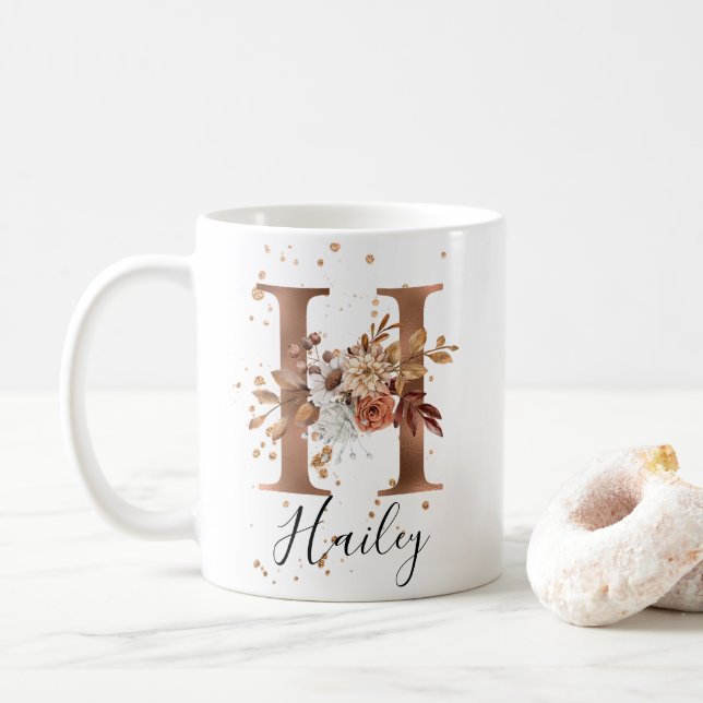 Koppar Blommigt Brev H Monogram kaffe Mugg (Med munk)