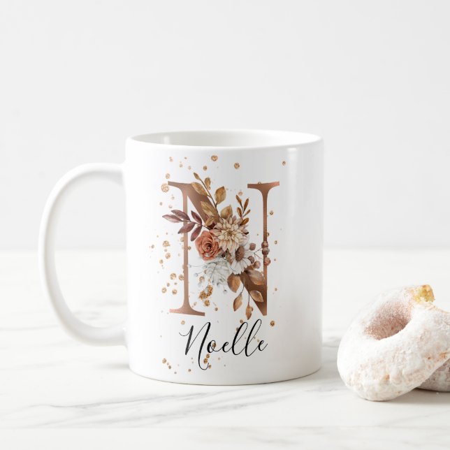 Koppar Blommigt Brev N Monogram kaffe Mugg (Med munk)