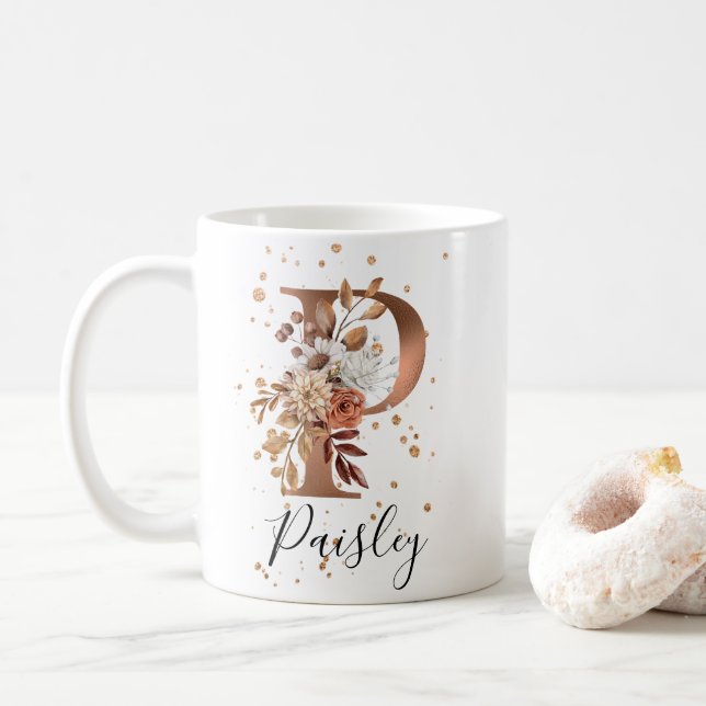 Koppar Blommigt Brev P Monogram kaffe Mugg (Med munk)