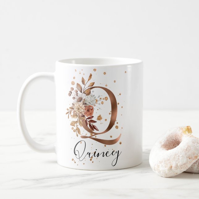 Koppar Blommigt Brev Q Monogram kaffe Mugg (Med munk)
