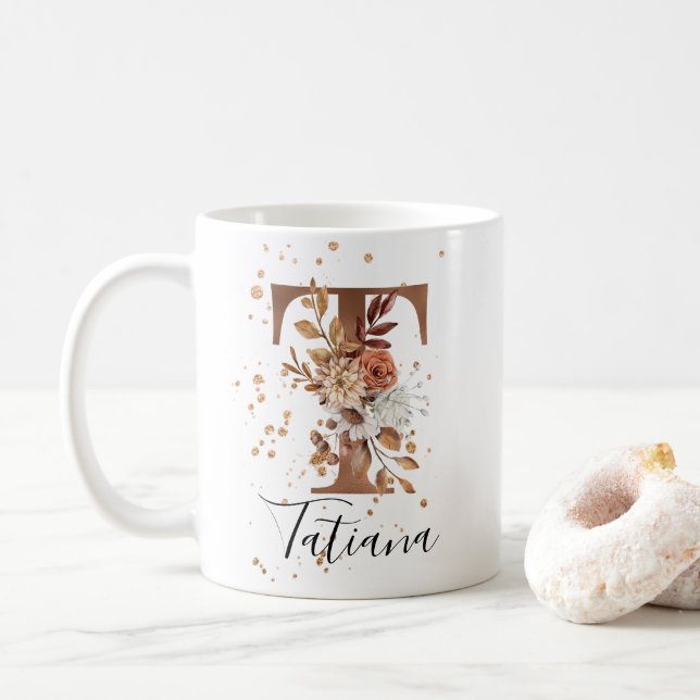 Koppar Blommigt Brev T Monogram kaffe Mugg (Med munk)