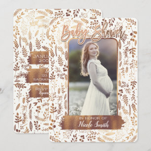 Koppar Brons Guld Folie Modern Baby Shower Foto Inbjudningar