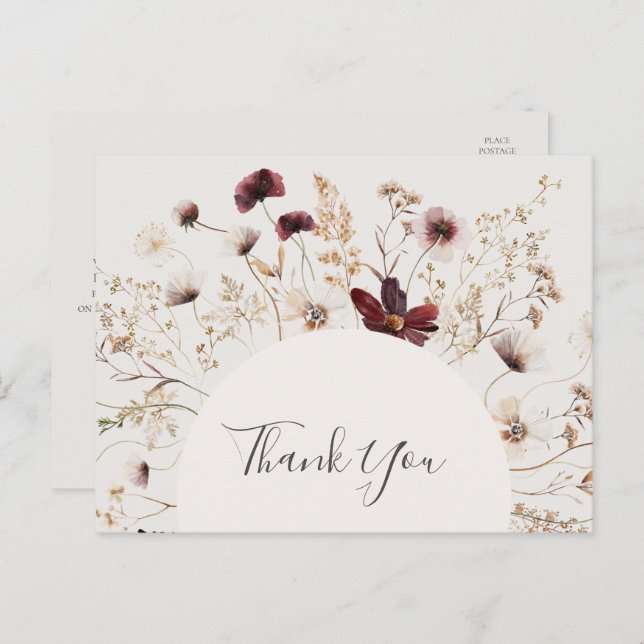 Koppar Burgundy Vildblomma Beige Bröllop Tacksamhe Vykort (Fram/baksida)