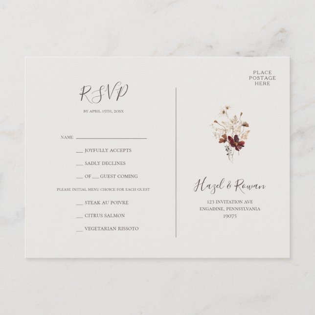Koppar Burgundy Vildblomma Beige Meny Val RSVP (Baksida)