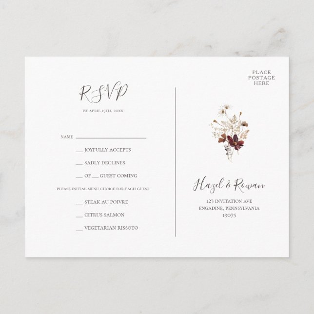 Koppar Burgundy Vildblomma Menyval RSVP-kort Vykort (Baksida)