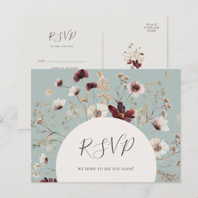 Koppar Burgundy Vildblomma Teal Menyval RSVP Vykort (Fram/baksida)