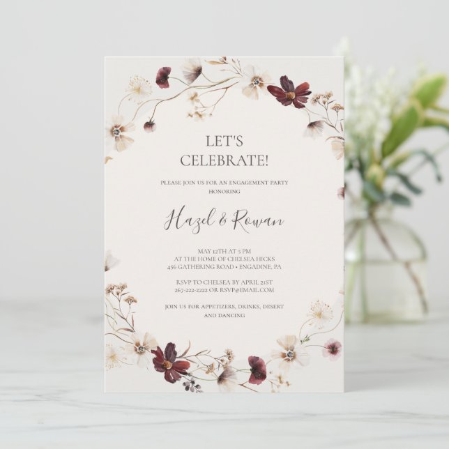 Koppar Burgundy Wildflower | Beige Let's Celebrate Inbjudningar (Stående Fram)