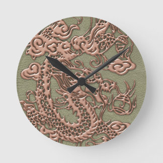 Koppar Dragon på Khaki Leather Struktur Rund Klocka