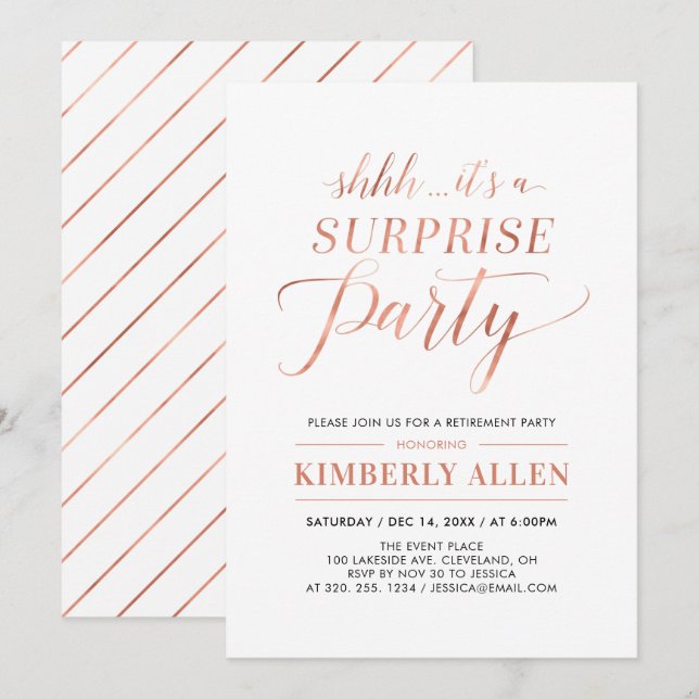 Koppar | Enkel modern överraskning Pension Party Inbjudningar (Fram/baksida)