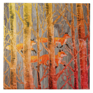 Koppar Fox Skogen på Grått Stone Autumn Batik Ti Kakelplatta