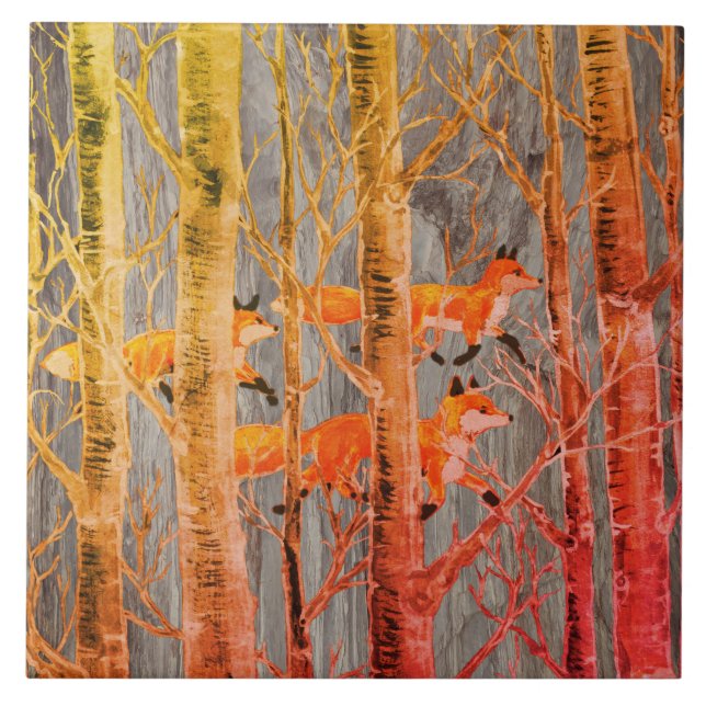 Koppar Fox Skogen på Grått Stone Autumn Batik Titt Kakelplatta (Framsidan)