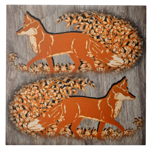Koppar Fox Woodland Scene, Grått Stone look Trivet Kakelplatta (Framsidan)