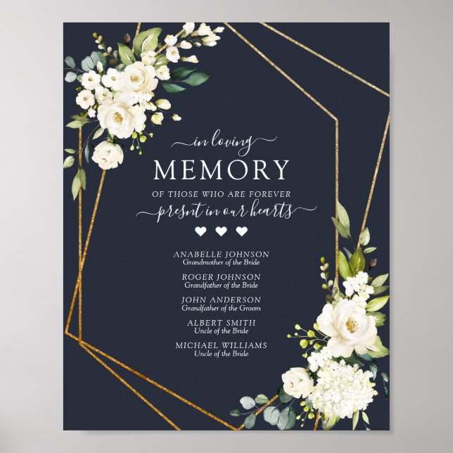 Koppar Geometrisk Blå Vit Blommig 'In Memory'-skyl Poster (Framsidan)