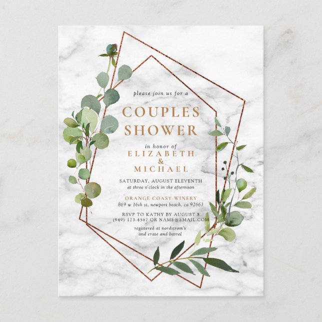 Koppar Geometrisk Eukalyptus Marmor Par Duschar Meddelande Vykort (Framsida)