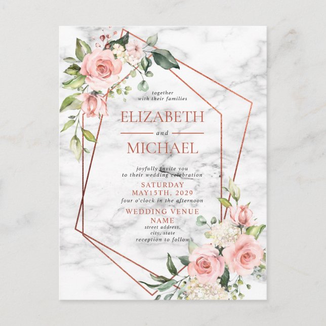 Koppar Geometrisk Marmor Rosa Blommig vykort (Framsida)