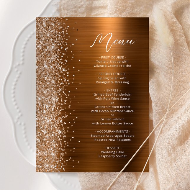 Koppar Glam Glitter Script Bröllop Meny (Skapare uppladdad)