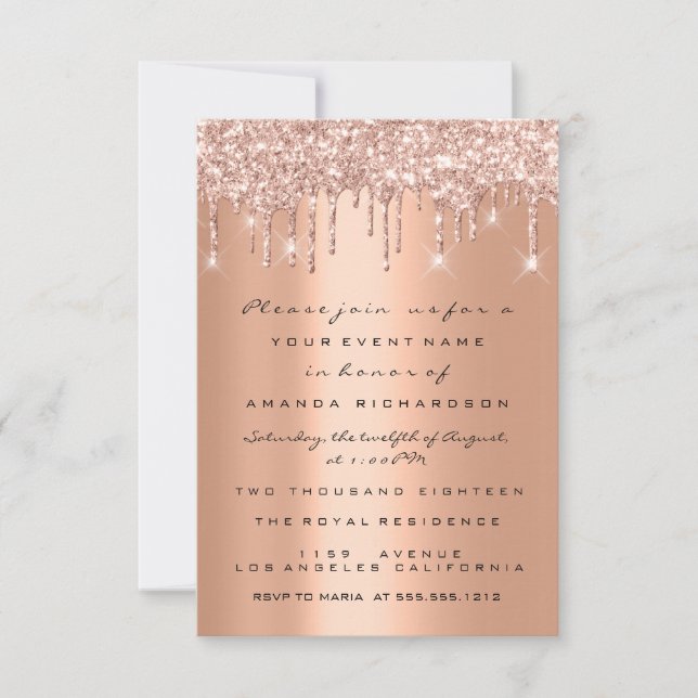 Koppar Glitter Drips Roséguld Bröllop Sweet 16th Inbjudningar (Framsida)