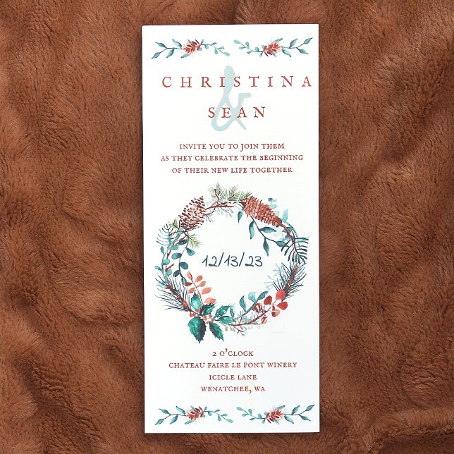 Koppar, Grönt Gräs Nål, utandningsluften Bröllop Inbjudningar (winter pine needle wreath, copper, rust, winter green wedding invitations)