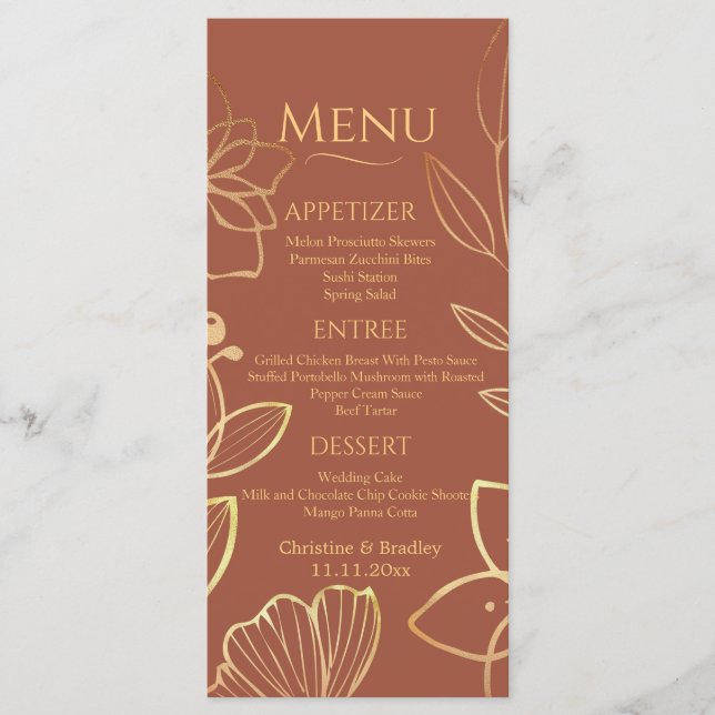 Koppar & Guld Bröllop Menu Meny (Framsida)