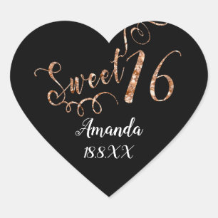 Koppar Guld Sweet 16th White Heart Namn Datum Hjärtformat Klistermärke