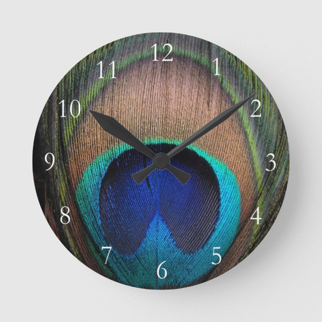 Koppar/kalk/blå peacock-fjäder rund klocka (Framsida)