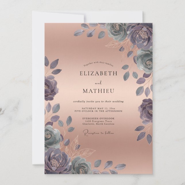 Koppar Mauve Peony Bröllop Inbjudningar (Framsida)