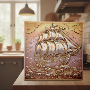 Koppar Metallisk Iriserande Segelfartyg ID1223 Kakelplatta