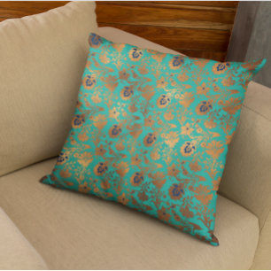 Koppar Metallisk Teal Patina Blommig Blå Kudde