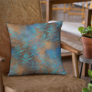 Koppar Metallisk Teal Patina Blommig Blå Kuddslang Kudde