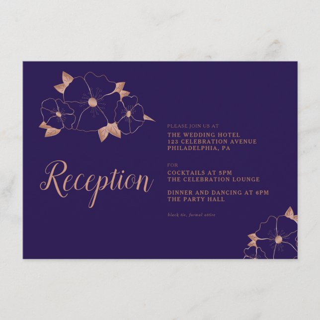 Koppar och blå blomster modern bröllopsmottagning tilläggskort (Framsida)