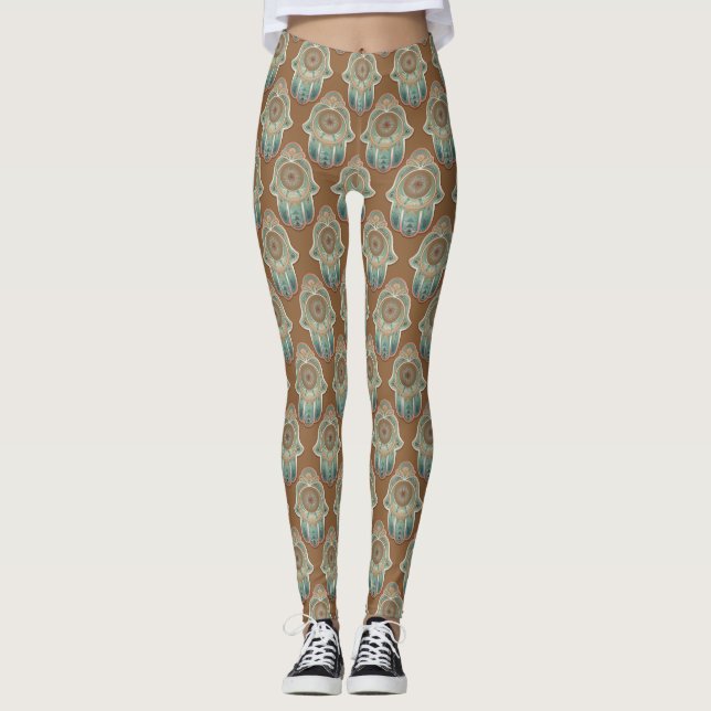 Koppar och Jade Grönt Hamsa Händer Leggings (Framsida)