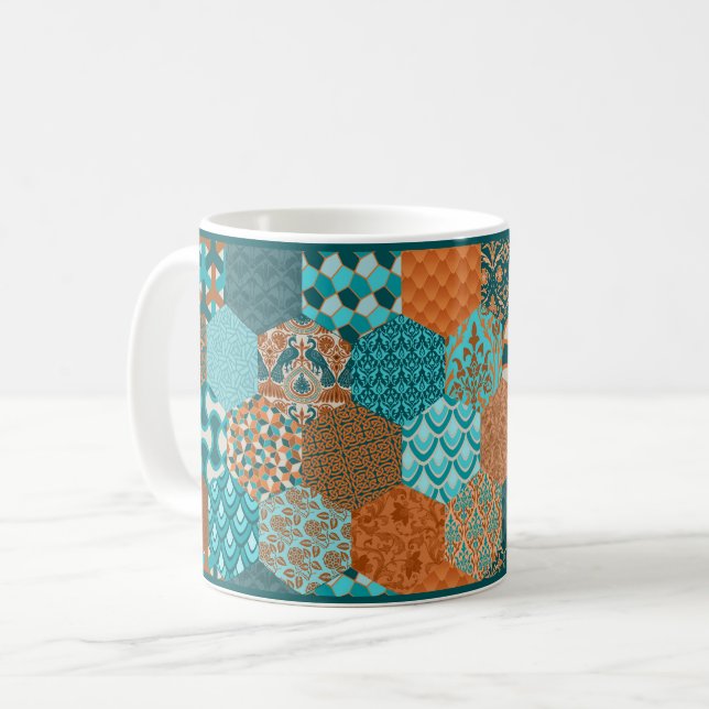Koppar och turkos Patchwork-look Coffee Mugg (Framsida vänster)