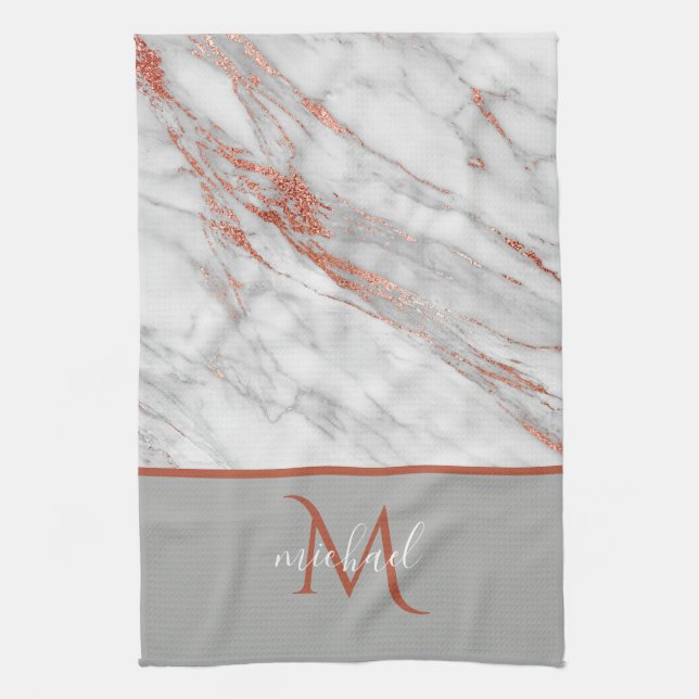 Koppar Ro Guld & Grått Marble med Monogram Kökshandduk (Vertikal)